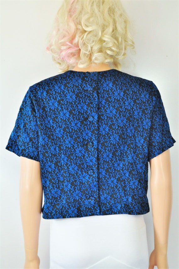 Vintage Womens 60s Blouse Metallic Thread Blue & … - image 2