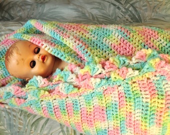 Vintage Baby Blanket Crochet Pastel Rainbow Blue Pink Yellow Nursery Receiving Blankie 70s Decor Doll Accessory Display 44"x47" Slip Stitch