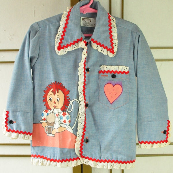 Vintage 70s Kids Girls Raggedy Ann Denim Shirt Hand-painted OOAK Eyelet Lace & ricrac Trim AS IS Display Decor Novelty Blouse Top size 3