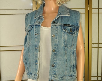 Vintage Womens Blue Denim Harley Davidson Vest Blouse Button Front 4 Pocket Embroidered Patch on Back Medium Sleeveless Shirt Motorcycle