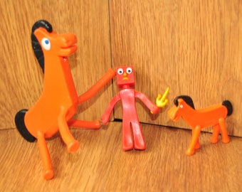 Vintage Pokey & Red Gumby Figurines Destash Set of 3 Retro 90s Cartoon Characters Childhood Prema Jesco Toys Orange Horse Animal Charity