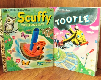 Vintage Little Golden Books Set of Two Scuffy The Tugboat & Tootle Childrens Library Display Decor Hardback Train Boat 80s Y2K