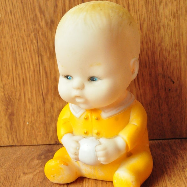 Vintage 80s 90s Rubber Baby Doll Baby Toy Squeaky Collectible AS IS Sitting Infant Yellow/White Decor Display Weird Rare Creepy Unusual