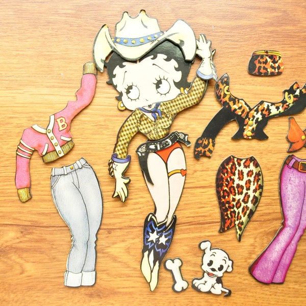 Betty Boop Magnet Doll + Mini Tin 4 Different Outfits & Pudgy her dog Collectible 1994 King Features Collectors Gift cowgirl Doowop 8" tall
