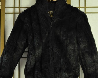 Vintage Simulated Faux Fur Coat Crop Jacket 80s Teens Girls Drawstring & Zipper 3/4 Sleeves Raven Black KC Collections Costume 12-14