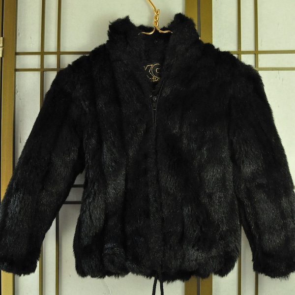 Vintage Simulated Faux Fur Coat Crop Jacket 80s Teens Girls Drawstring & Zipper 3/4 Sleeves Raven Black KC Collections Costume 12-14