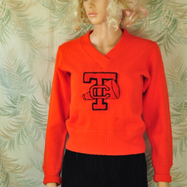 Vintage 60s Sports Sweater College High School Letterman Teens Mens Womens Orange Texas City Winter Athletic Costume Animal House Display