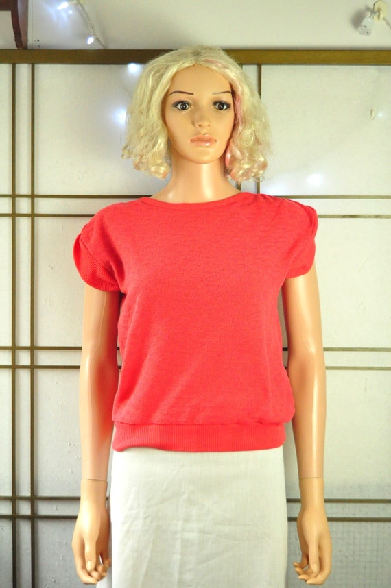Vintage Womens 80s Blouse Knit Shirt Short Sleeve 