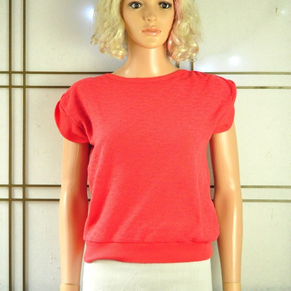 Vintage Womens 80s Blouse Knit Shirt Short Sleeve Treasure Tops Persimmon Orange Medium Short Sleeve Collegiate Juniors Poly-cotton