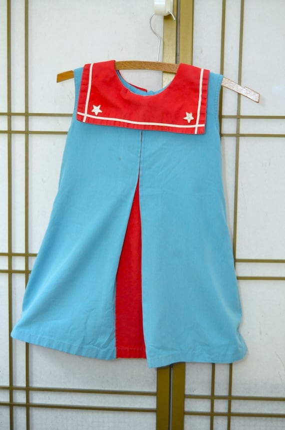 Vintage Girls Dress Nautical Theme Blue w/Red Col… - image 1