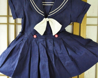 Vintage Girls Dress 50s 40s Indigo Blue Nautical Theme Navy Sailor Anchor Buttons Burdee Frocks Costume Theater Pageant Display Girls size 6