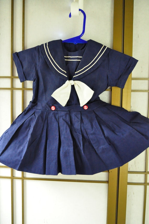 Vintage Girls Dress 50s 40s Indigo Blue Nautical T