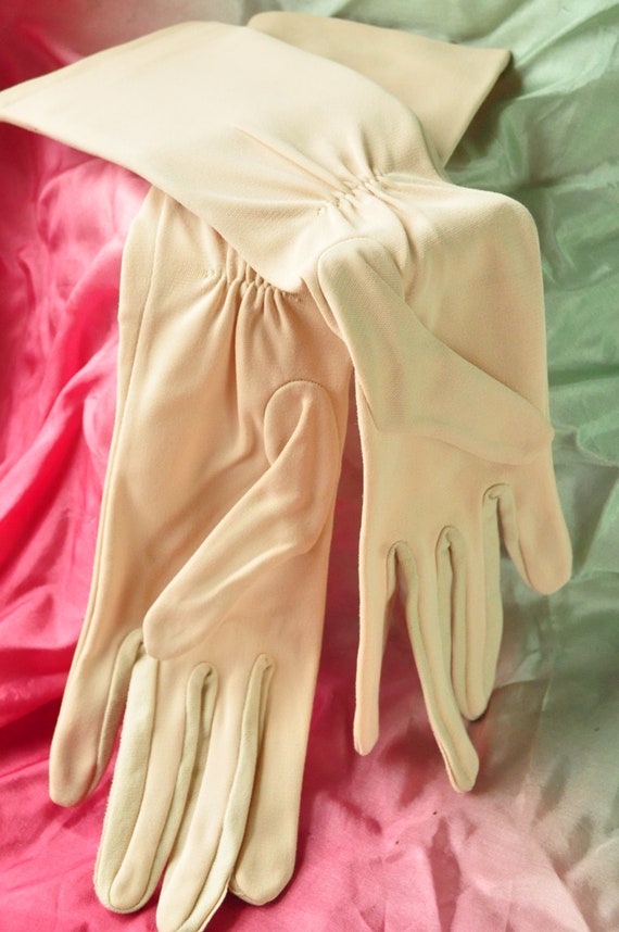 Vintage Womens Long Formal Gloves Buff-Beige Ruch… - image 1