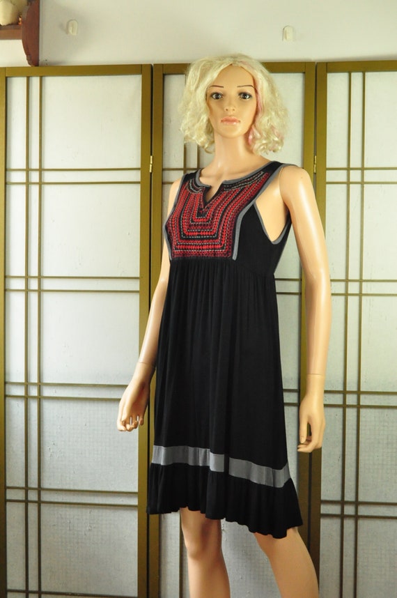 Vintage Womens Tank Dress Soft Black Gray & Red Em