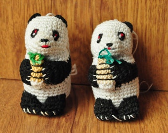 Vintage Crochet Panda Bear Ornaments 3 inch Set of 2 bears Tree Trim Display Decor Black & White Gift Animal Charity Decor mini bears