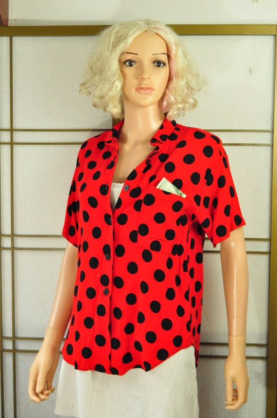 Vintage 80s does 50s Women's Blouse Red with Blac… - image 2