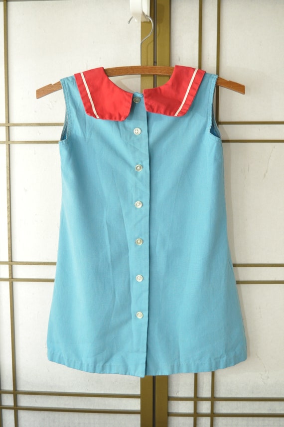 Vintage Girls Dress Nautical Theme Blue w/Red Col… - image 2