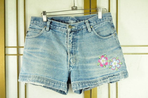 Vintage Juniors Womens Denim Shorts Pink & Blue F… - image 1