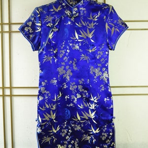 Vintage Girls Oriental Style Floral Wiggle Dress 90s Cheongsam Embossed Dark Blue Metallic Gold Thread 80s Asian Childs size 10