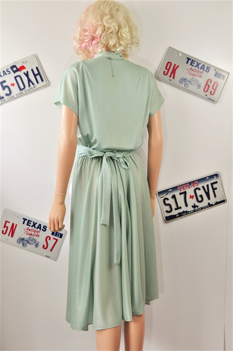 Vintage Womens Dress 70s 80s Mint Green Semi Sheer Matching Ribbon Belt Wrap Bodice Lilli Diamond CA Secretary Daywear Med-Large Polyester