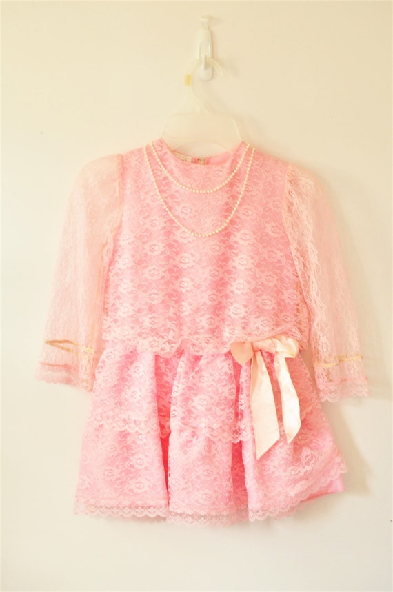 70s Vintage Girls Dress Bubblegum Pink Lace Sheer 