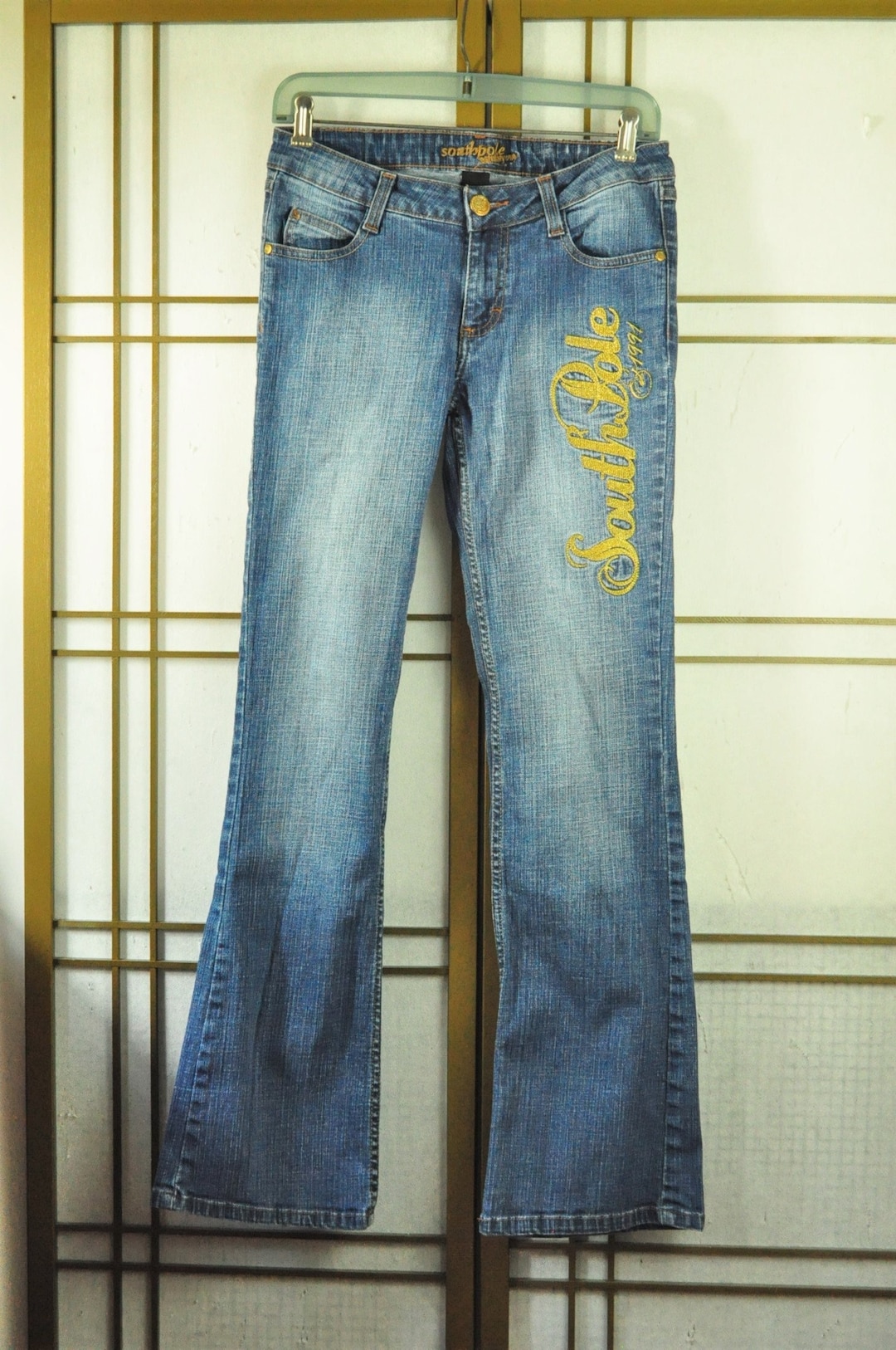Vintage Womens Southpole Blue Jeans Gold Contrast Embroidery Stitching Low  Rise Pocket Cotton-lycra Size Hipster Designer 1991