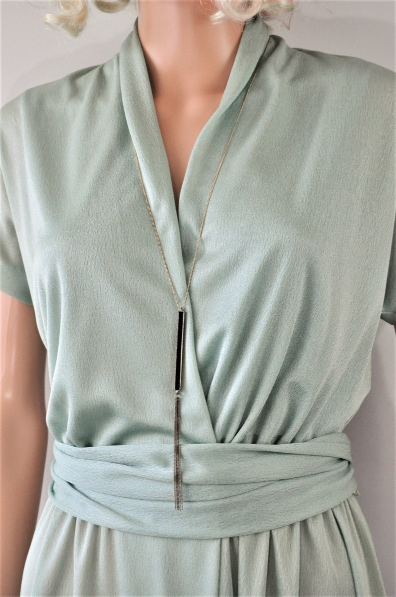 Vintage Womens Dress 70s 80s Mint Green Semi Sheer Matching Ribbon Belt Wrap Bodice Lilli Diamond CA Secretary Daywear Med-Large Polyester