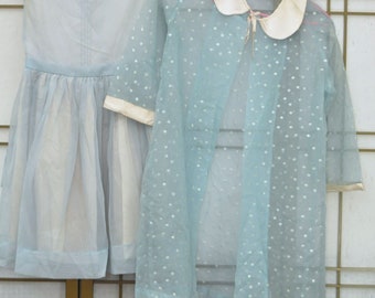 60s Vintage Girls Dress & Matching Sheer Jacket Silver Dots Sky Blue 2 pc Set Semi Formal AS IS distressed Child size 7 Costume Bridal Party