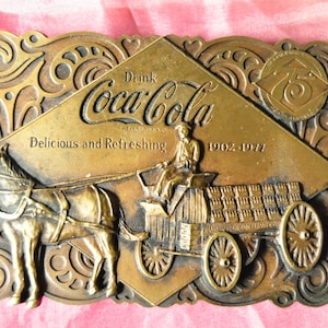 Vintage Belt Buckle Coca-Cola 75th Anniversary 1976 Bergamot Brass Works Horse & Wagon 70s Collectible Advertising Memorabilia Aged Patina