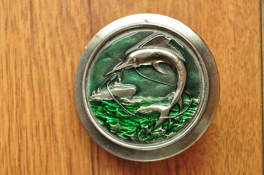 Vintage Mens Belt Buckle Marlin Sailfish Enamel Metal the Great