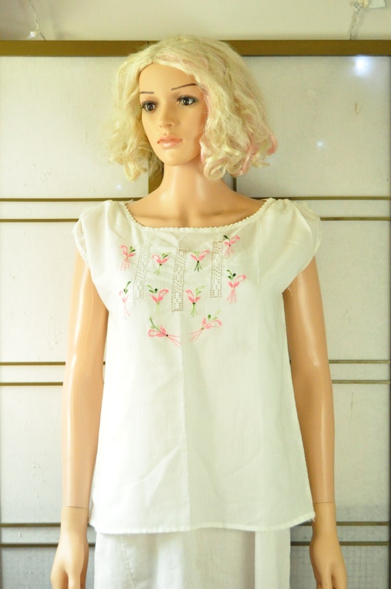 Vintage Handmade Linen Shirt Blouse Womens White w