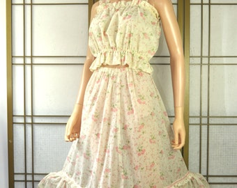 Vintage 70s Womens Sun Dress 2 Piece Top & Skirt Pink Rose Floral Print Juniors Ruffle Hem Small Handmade OOAK Spring Summer