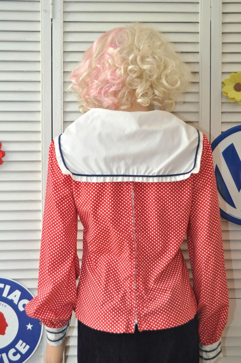 Vintage Women/'s Blouse Red /& White Polka DotsSailor Nautical Top ShirtRetro 40s 50s Theater Costume handmade OOAK Small Medium 70s Lucy 36