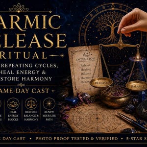 Puede incluir: Un conjunto ritual azul oscuro y dorado con una balanza de latón con platos etiquetados como Release y Balance, un pergamino con el texto Karmic Release Ritual, dos velas azul oscuro, una botella de aceite y una piedra negra.