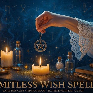Könnte beinhalten: Ein mystischer Szene mit brennenden Kerzen, Glasflaschen und einem Pentagramm-Anhänger. Der Text "LIMITLESS WISH SPELL" steht unten. Der Hintergrund ist dunkelblau mit Sternen und Symbolen.
