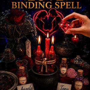 Peut inclure: Un affichage avec le texte POWERFUL LOVE BINDING SPELL, SAME DAY CAST, PHOTO PROOF, TESTED & VERIFIED, 5-STAR SELLER, Angela, Tony, PASSION, LOVE, HARMONY, TRUSTED & EXPERIENCED, POWERFUL RITUALS, I'm, 100% CONFIDENTIAL & PRIVATE, THOUSANDS OF HAPPY CLIENTS, REAL RESULTS, REAL REVIEWS, REAL ENERGY, avec des bougies rouges, un chaudron noir, des flacons en verre et une gemme rouge en forme de diamant.