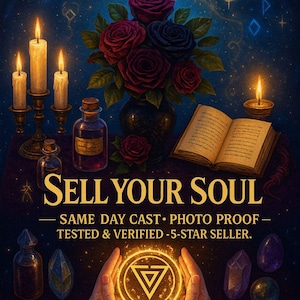 Puede incluir: Imagen de temática mística con velas, rosas y un libro abierto. El texto "SELL YOUR SOUL" se muestra de forma destacada. Manos sostienen un símbolo brillante. También hay botellas y cristales, todo sobre un fondo oscuro y estrellado.