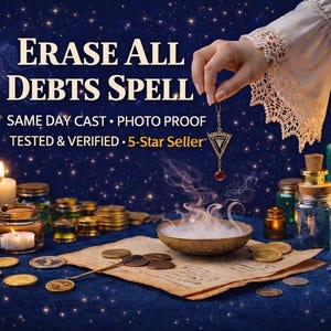 May include: An image with the text "ERASE ALL DEBTS SPELL". The scene includes lit candles, a smoking bowl, coins, and a hand holding a pendant. The background is a starry night.