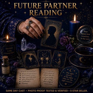 May include: A Future Partner Reading set featuring dark blue tarot cards with gold celestial designs, a crystal ball with the text Your future love is written in the stars, two lit candles, a small bottle labelled Love Attraction Oil, and cards.