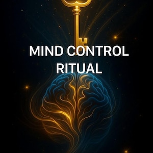 Könnte beinhalten: Digitales Kunstwerk mit einem goldenen Schlüssel über einem stilisierten Gehirn mit blauen und goldenen Energiemustern. Die Worte "MIND CONTROL RITUAL" sind in weißer Schrift auf dunklem Hintergrund dargestellt. Der Satz "5 Star Experience" steht unten.