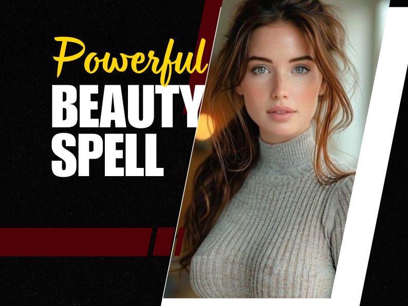 May include: Image features a woman with long brown hair and blue eyes wearing a gray turtleneck sweater. The text "Powerful BEAUTY SPELL" is displayed in yellow and white on a black background.