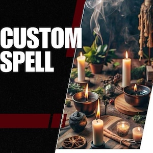 Może przedstawiać: Mistyczna scena z zapalonymi świecami, misami i roślinami, przywołująca rytuał. Tekst "CUSTOM SPELL" jest wyraźnie widoczny. Scena rozgrywa się na drewnianej powierzchni, z dymem dodającym atmosfery.