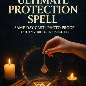 Könnte beinhalten: Bild mit dem Text „ULTIMATE PROTECTION SPELL“. Eine Hand hält einen Anhänger über einer Schale mit einem leuchtenden Symbol. Angezündete Kerzen und Sternanis sind um die Schale angeordnet. Der Hintergrund ist dunkel mit goldenen Akzenten.