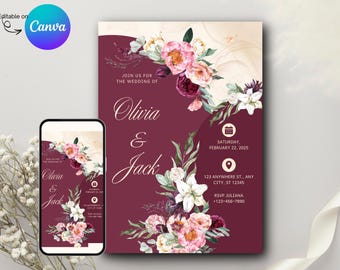 Elegant Burgundy Floral Wedding Invitation Template | Editable Canva Invite | Digital Wedding Invite | Printable Instant Download