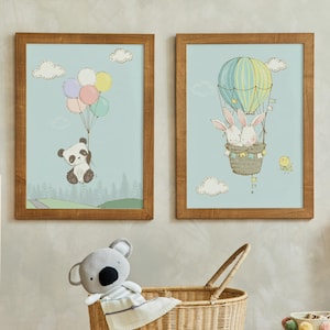 Woodland Animal Wall Art Set of 2, Panda and Bunny Hot Air Balloon Prints, Nursery Wall Decor, Kids Room Artwork, Baby Shower Gift