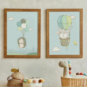 Hedgehog and Bunny Hot Air Balloon Wall Art Set, Woodland Animal Nursery Prints, Cute Kids Room Decor, Baby Shower Gift, Nursery Wall Decor