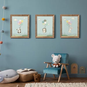 Woodland Animal Nursery Prints: Panda, Hedgehog, Bunny with Balloons Wall Decor