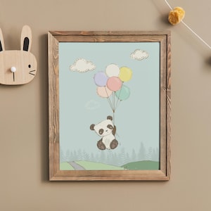 Cute Panda with Balloons Nursery Print, Kids Bedroom Wall Art, Baby Shower Gift for Boy or Girl, Whimsical Playroom Decor, Animal Poster