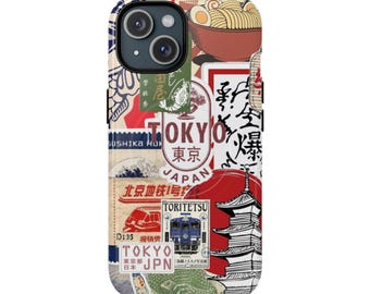 Funda para iPhone con collage de Tokio, Japón, diseño de ramen japonés y estilo streetwear.