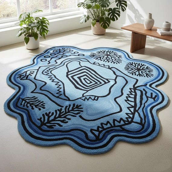Contemporary Sky Blue & Black Accent Irregular Rug ,Boho Artistic Hand-Tufted Wool Area Rug for living room,Nursery,bedroom,kids room 5x7